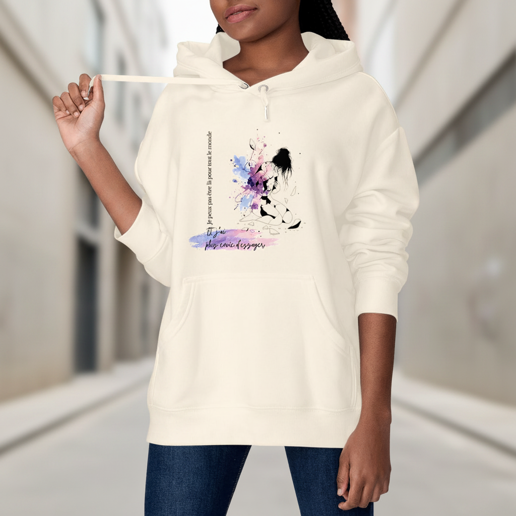 Sweat à capuche OwnVie porté avec design Je peux pas être là pour tout le monde