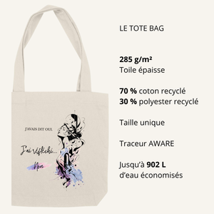 Caractéristiques du tote bag recyclé OwnVie : toile épaisse 285 g/m², 70 % coton recyclé, 30 % polyester recyclé, taille unique.